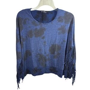 T-Party Womens Tie Dye Fringe Sleeve Top Blue Gray Boho Knit Lagenlook Art